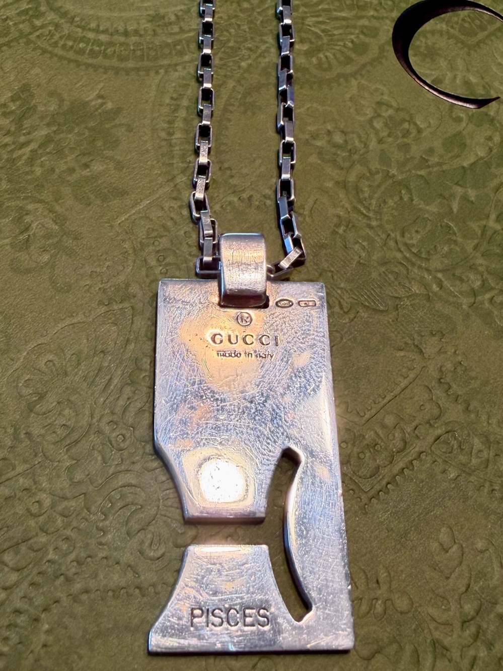 Vintage Gucci Pisces Zodiac Silver Rectangular Pendant Necklace